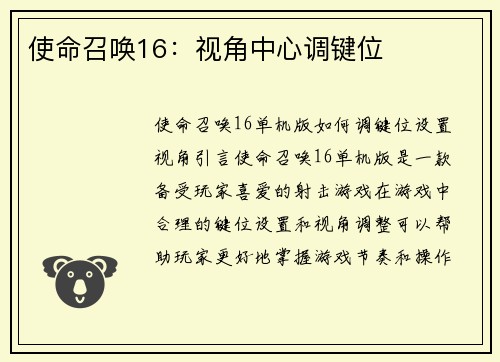使命召唤16：视角中心调键位